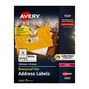 AVERY 5520 Weather Proof Address Labels Laser 1”x 2 5/8" White 1350 Labels
